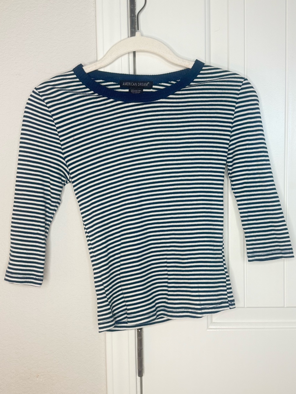 American Dream Navy & White Striped Ribbed 3/4 Sleeve Top S
